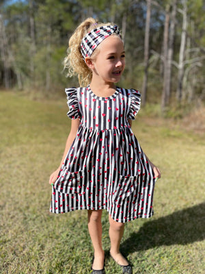 RED HEARTS WITH BLACK AND WHITE STRIPE DRESS