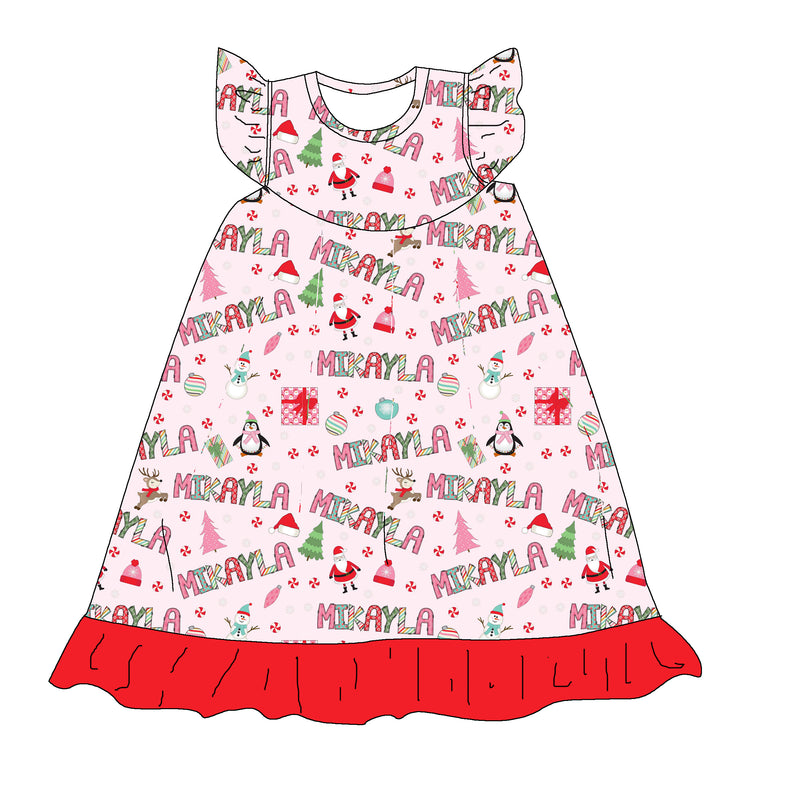 PINK CHRISTMAS PERSONALIZED NAME - FLUTTER SLEEVES NIGHTGOWN - CUSTOM ORDER