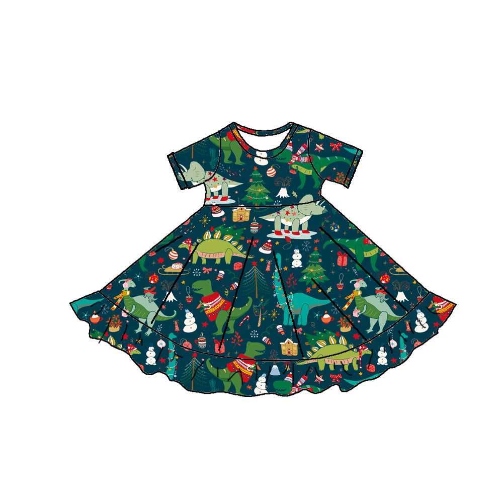 CHRISTMAS DINO TWIRL DRESS - BLUE PRE-ORDER
