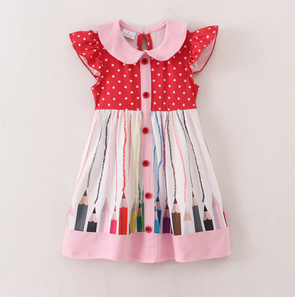 RED & PINK PENCIL BACK TO SCHOOL DRESS