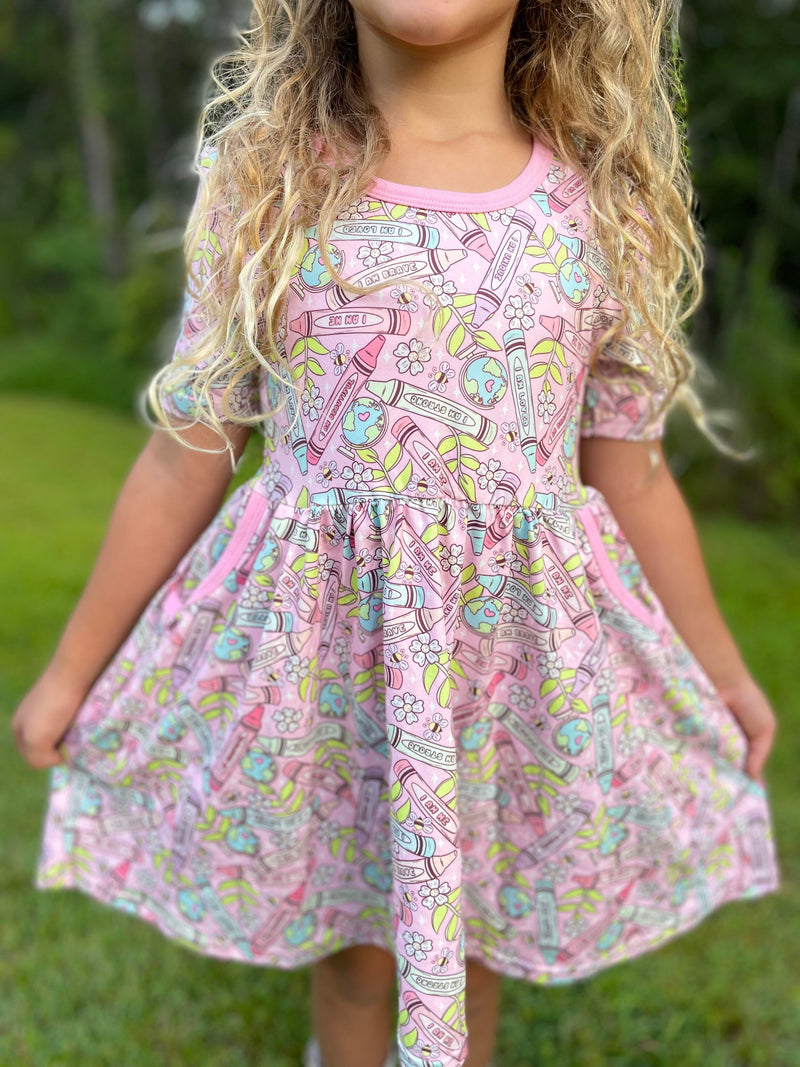 CRAYONS POSITIVE AFFIRMATION DRESS WITH POCKETS - PINK PREORDER