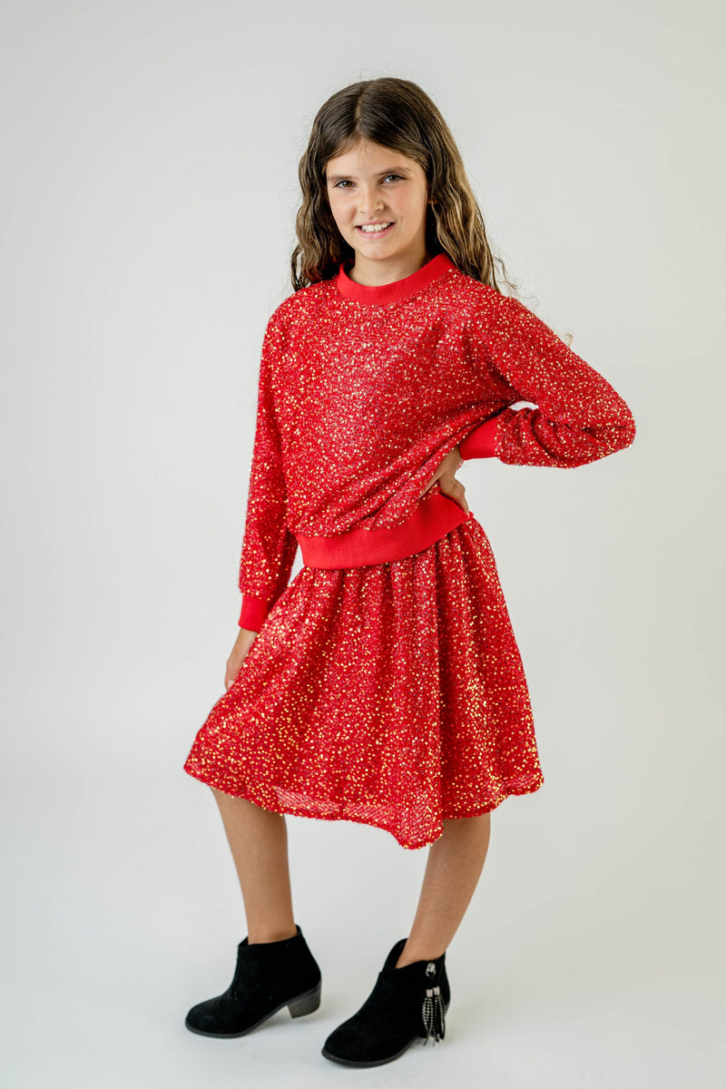 EVA SPARKLE RED SWEAT TOP & SKIRT SET