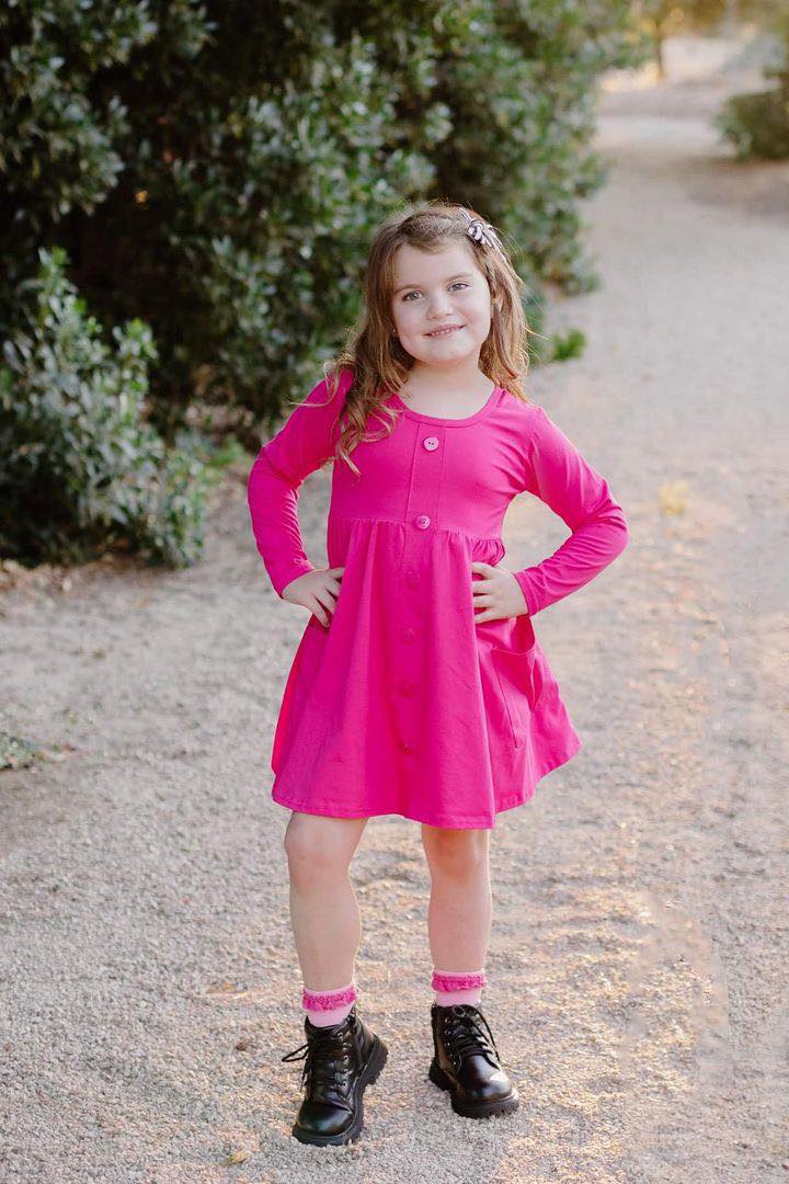 HOT PINK BUTTONED POCKET DRESS