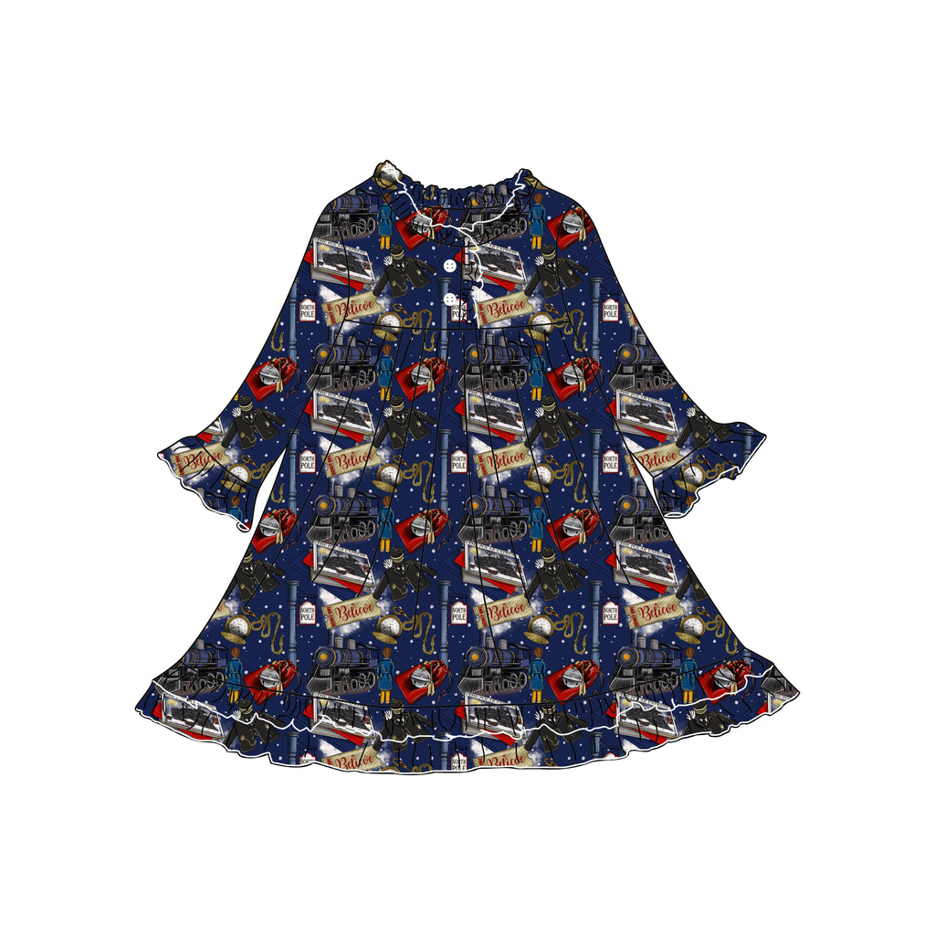 CHRISTMAS TRAIN LONG SLEEVES NIGHTGOWN - BLUE PRE-ORDER