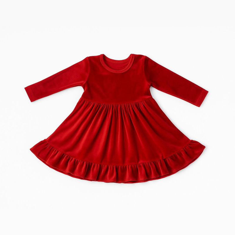 ELIZE VELOUR RUFFLE DRESS - RED - Christmas2025