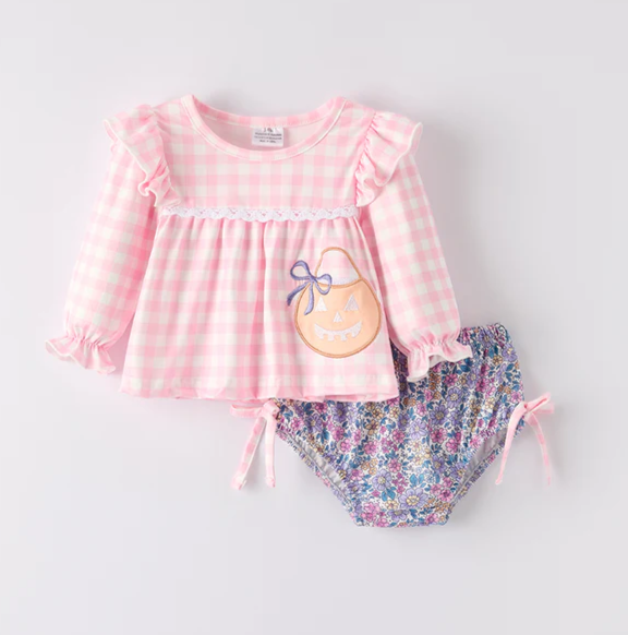 PINK PLAID PUMPKIN TOP & BLOOMER SET - Fall2025
