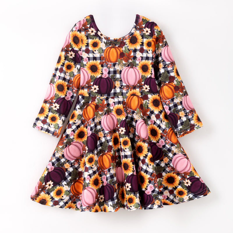 FALL PUMPKIN  & SUNFLOWER PLAID TWIRL DRESS  - Fall2025