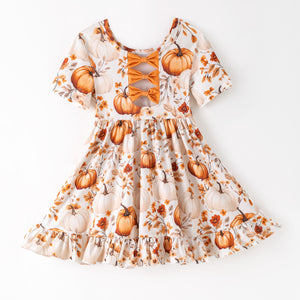 PUMPKIN FLORAL BACK BOW DRESS - Fall2025- Preorder