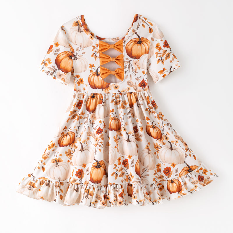 PUMPKIN FLORAL BACK BOW DRESS - Fall2025- Preorder