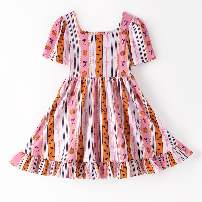 PUMPKIN & BOW STRIPE DRESS - Fall2025