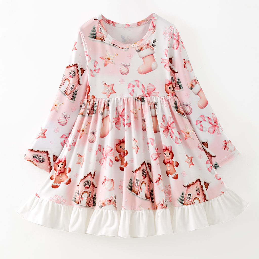 PINK GINGERBREAD COOKIE RUFFLE TWIRL DRESS - Christmas2025