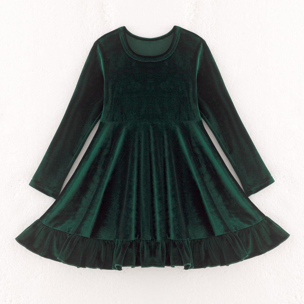 ELIZE VELOUR RUFFLE DRESS - GREEN - Christmas2025