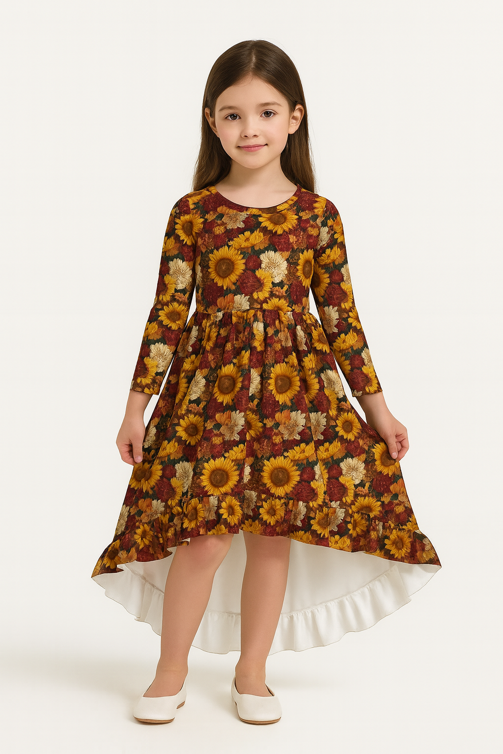 FALL SUNFLOWER HI LO LONG SLEEVES  DRESS - PREORDER