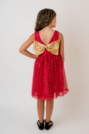 RED GOLD BOW HOLIDAY DRESS