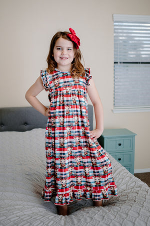 REINDEER FLUTTER SLEEVES PLAID NIGHTGOWN