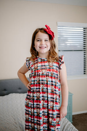 REINDEER FLUTTER SLEEVES PLAID NIGHTGOWN