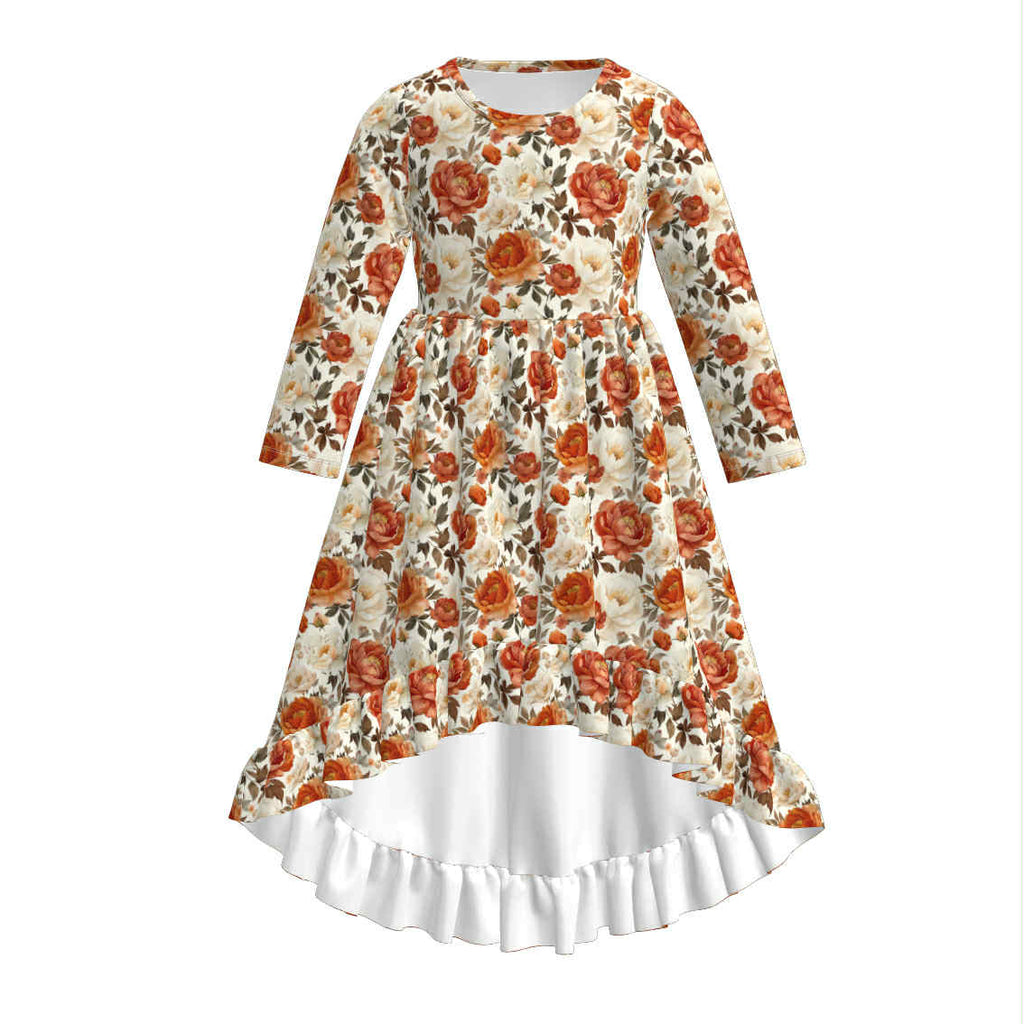 FALL FLORAL HI LO LONG SLEEVES  DRESS - PREORDER