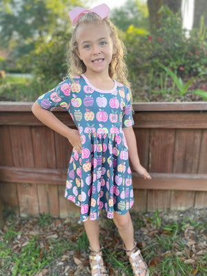APPLE  BACK TO SCHOOL DRESS WITH POCKETS PINK/GREY