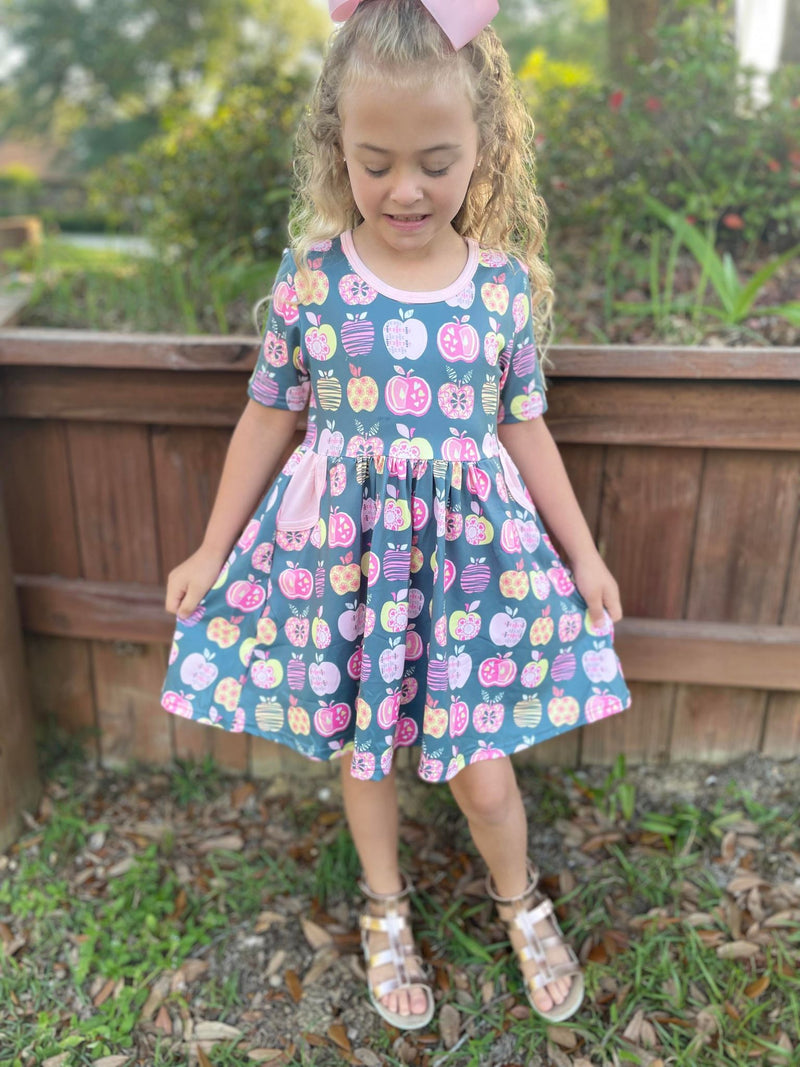 APPLE  BACK TO SCHOOL DRESS WITH POCKETS PINK/GREY