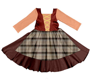 WITCH SISTER TWIRLY LONG SLEEVES DRESS BROWN/PLAID - HC2025
