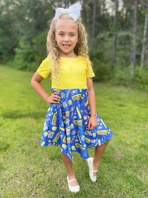 YELLOW & BLUE BACK TO SCHOOL TWIRL DRESS