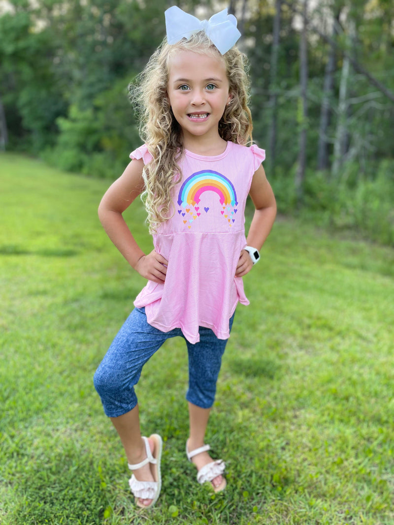 RAINBOW MILK SILK PEPLUM WITH DENIM CAPRIS