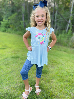 UNICORN MILK SILK PEPLUM WITH DENIM CAPRIS