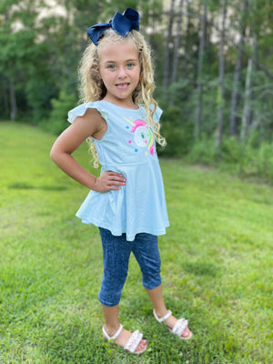 UNICORN MILK SILK PEPLUM WITH DENIM CAPRIS