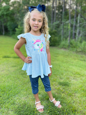 UNICORN MILK SILK PEPLUM WITH DENIM CAPRIS