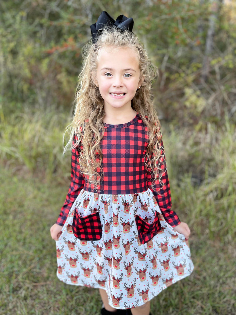 REINDEER BUFFALO PLAID DRESS WITH POCKETS