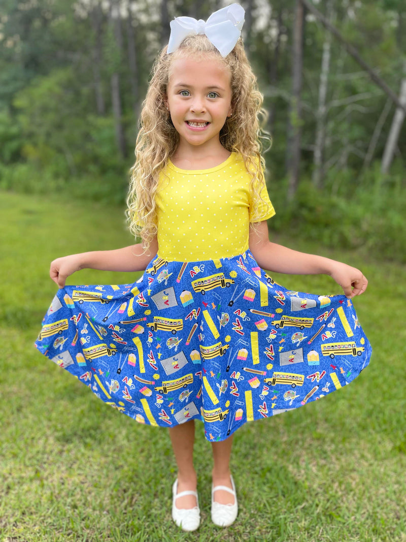 YELLOW & BLUE BACK TO SCHOOL TWIRL DRESS