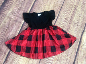 CASSIE BUFFALO PLAID FLUTTER SLEEVES TWIRL DRESS