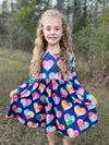 NAVY RAINBOW TYE DYE HEART TWIRL DRESS