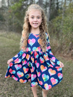 NAVY RAINBOW TYE DYE HEART TWIRL DRESS