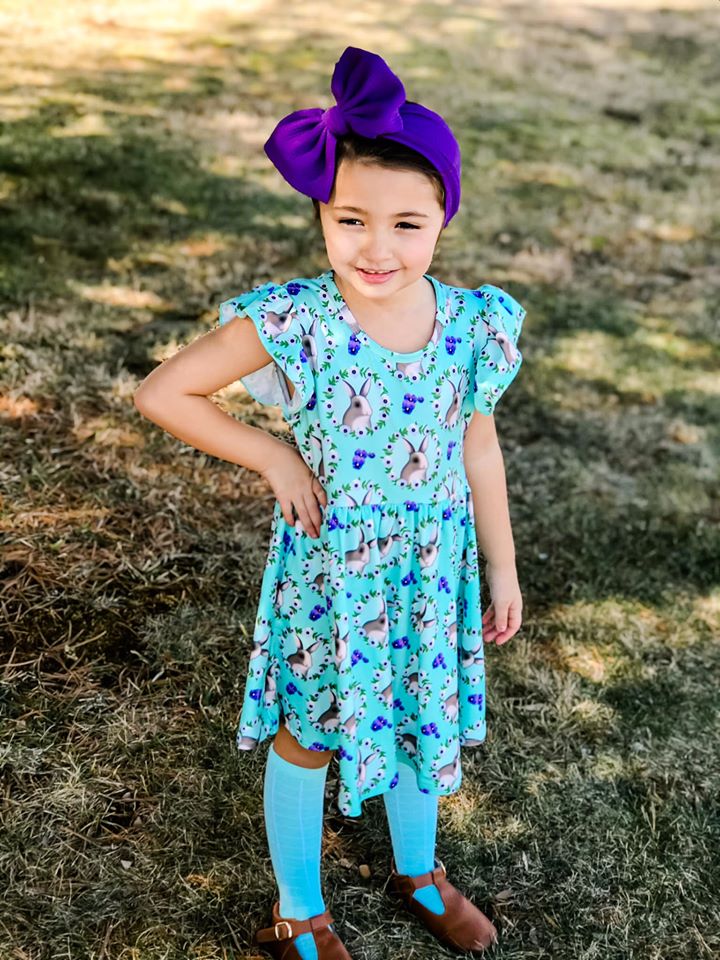 BUNNY TEAL AND PURPLE FLORAL TWIRL DRESS