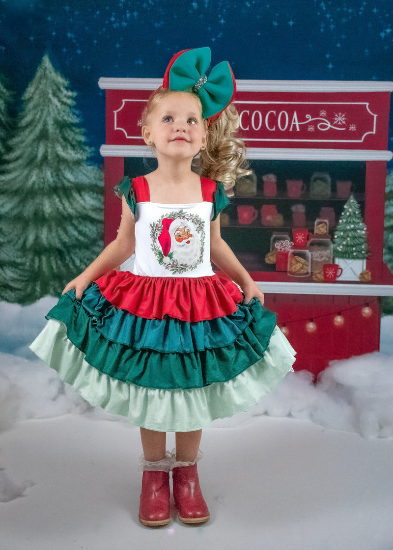 VINTAGE SANTA WREATH RUFFLED DRESS