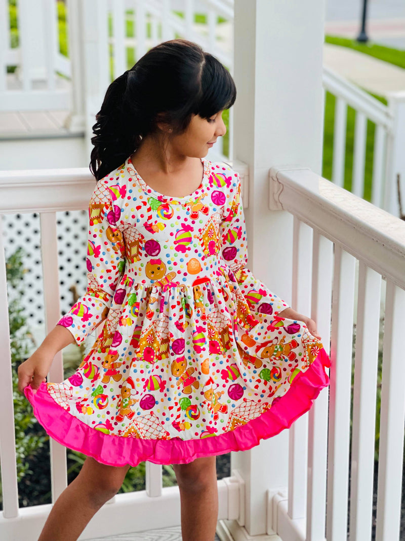 GINGERBREAD COOKIE HOUSE DRESS WITH PINK RUFFLE