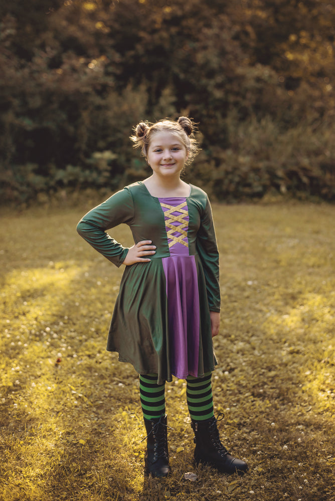 WITCH SISTER TWIRLY LONG SLEEVES DRESS PURPLE/GREEN