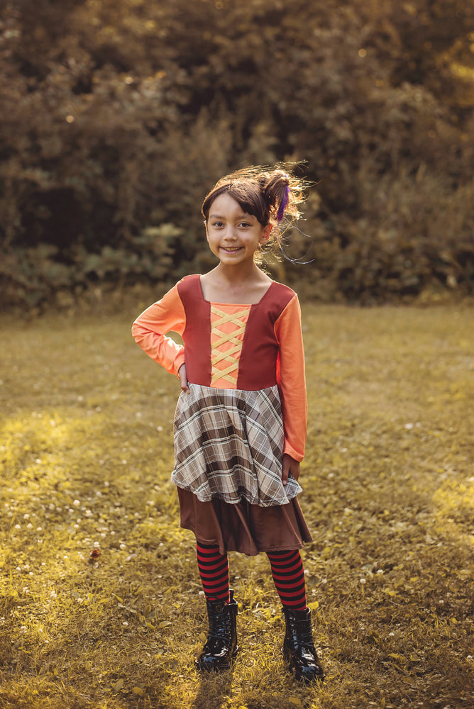 WITCH SISTER TWIRLY LONG SLEEVES DRESS BROWN/PLAID - Halloween2025