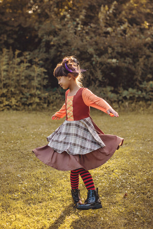 WITCH SISTER TWIRLY LONG SLEEVES DRESS BROWN/PLAID - HC2025