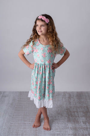 MINT & PINK FLORAL MILK SILK DRESS