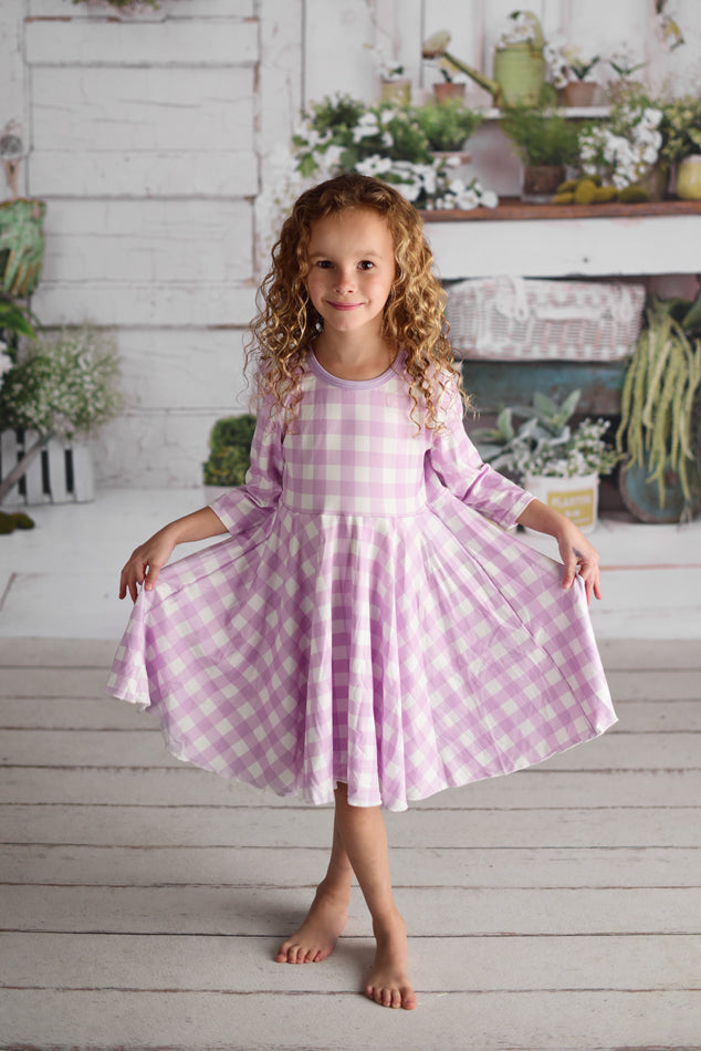 LAVENDER GINGHAM TWIRLY DRESS