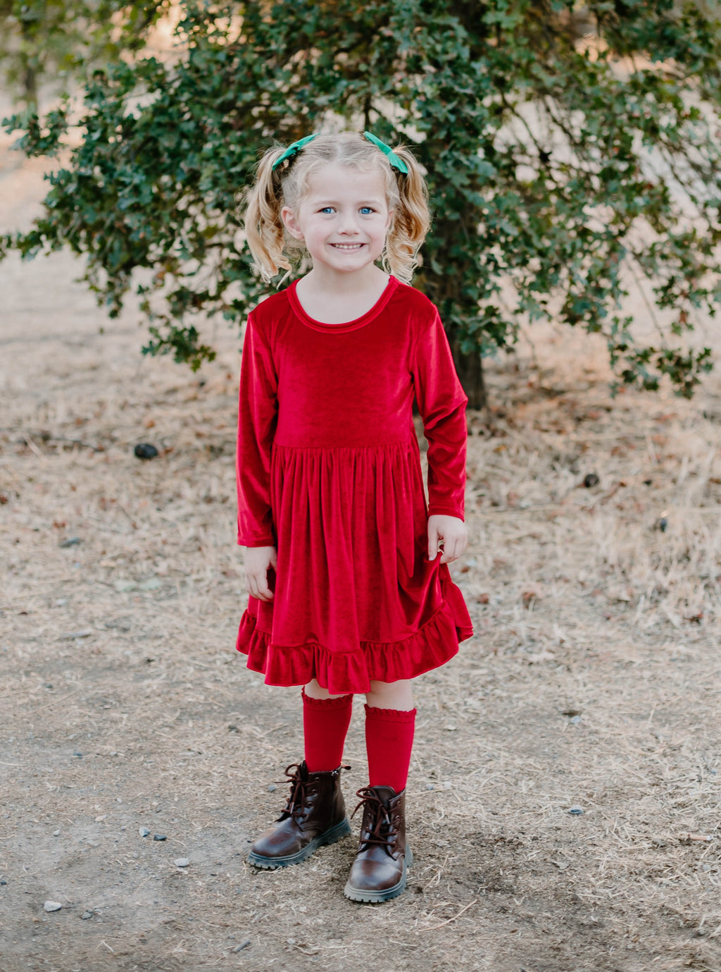 ELIZE VELOUR RUFFLE DRESS - RED