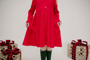 RED BUTTONED WITH POCKET TWIRL DRESS