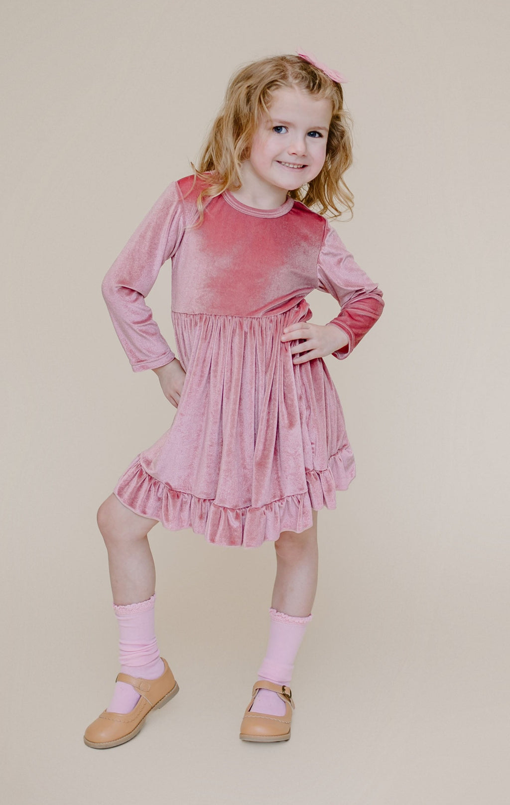 ELIZE VELOUR RUFFLE DRESS - LIGHT PINK
